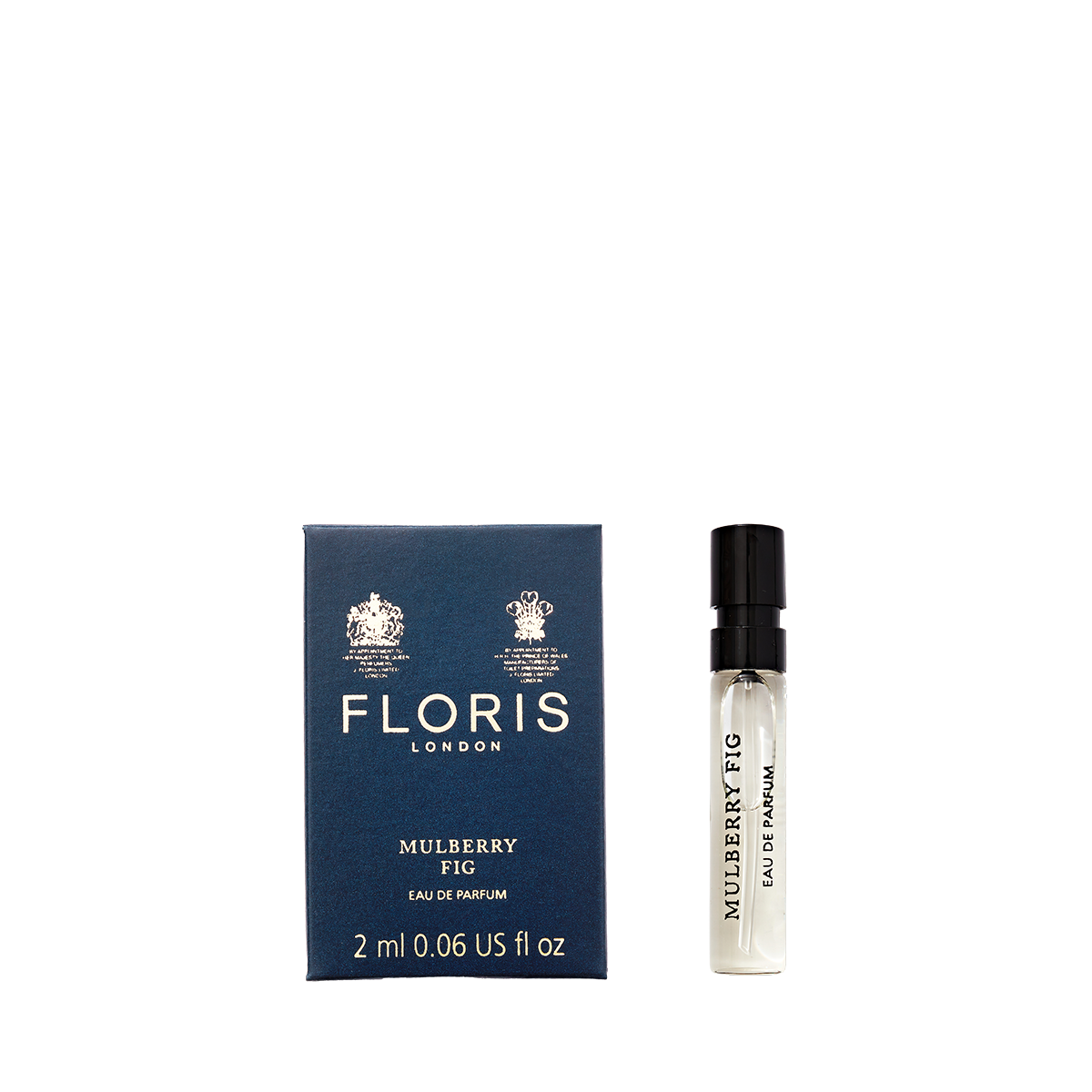 A Mulberry Fig - Eau de Parfum box by Floris London with a 2ml spray vial offers a floral amber fragrance featuring rich fig and woody notes.