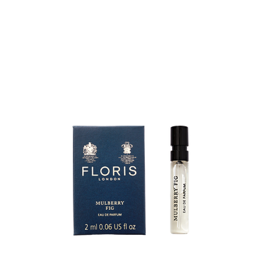A Mulberry Fig - Eau de Parfum box by Floris London with a 2ml spray vial offers a floral amber fragrance featuring rich fig and woody notes.