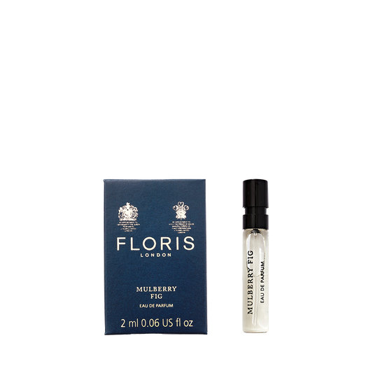 A Mulberry Fig - Eau de Parfum box by Floris London with a 2ml spray vial offers a floral amber fragrance featuring rich fig and woody notes.