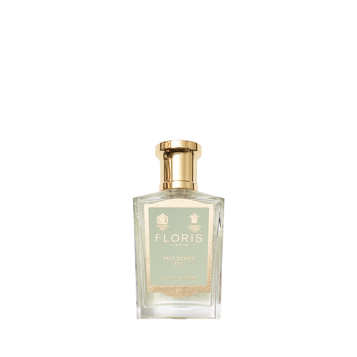 Clear glass Floris London Mulberry Fig - Eau de Parfum bottle with a gold cap and pale green label, featuring a soft, elegant woody scent.
