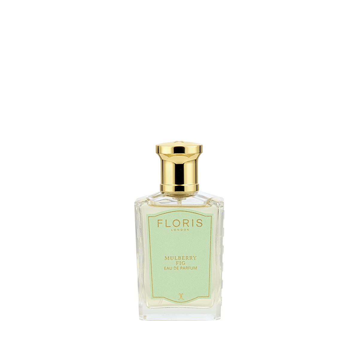 A bottle of Floris London Mulberry Fig Eau de Parfum with a gold cap is displayed against a plain white background.