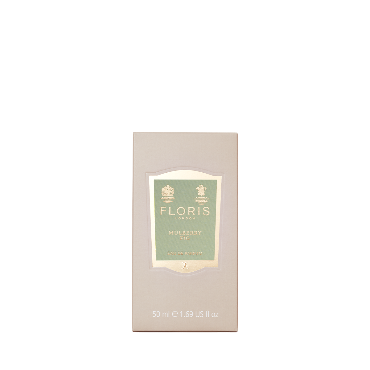 Beige box of Floris London Mulberry Fig - Eau de Parfum, a floral amber scent, 50 ml, with a green and gold label.