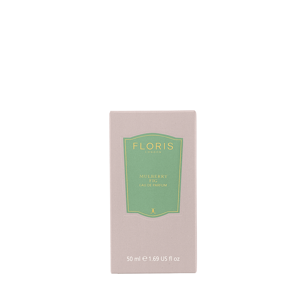 A pink Floris London Mulberry Fig Eau de Parfum box, 50 ml, with a green and gold label—featuring a floral amber scent and subtle woody notes.