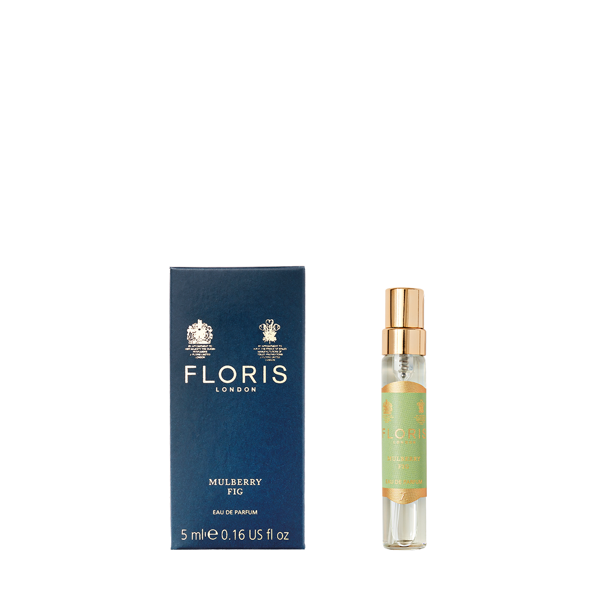 Floris London's Mulberry Fig Eau de Parfum, with a floral amber scent, features a blue box and small spray bottle with a gold cap on a white background.