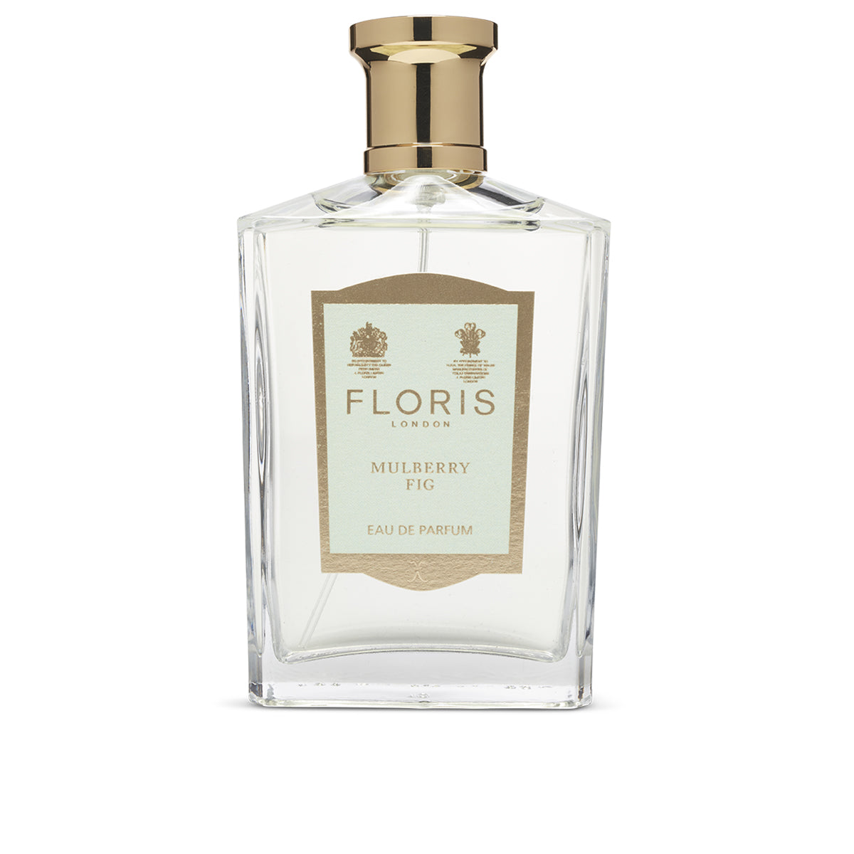 A Mulberry Fig - Eau de Parfum (BF) by Floris London in a clear glass bottle with a gold cap offers an enchanting blend of fig and cardamom, creating a captivating floral amber fragrance.