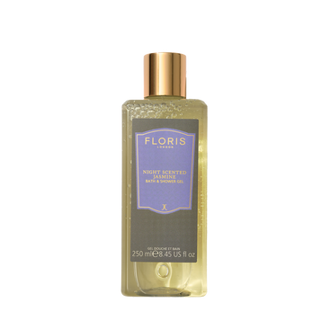 Floris London Night Scented Jasmine Bath & Shower Gel, 250ml—clear bottle with gold cap; a luxurious, delicately floral-scented wash.