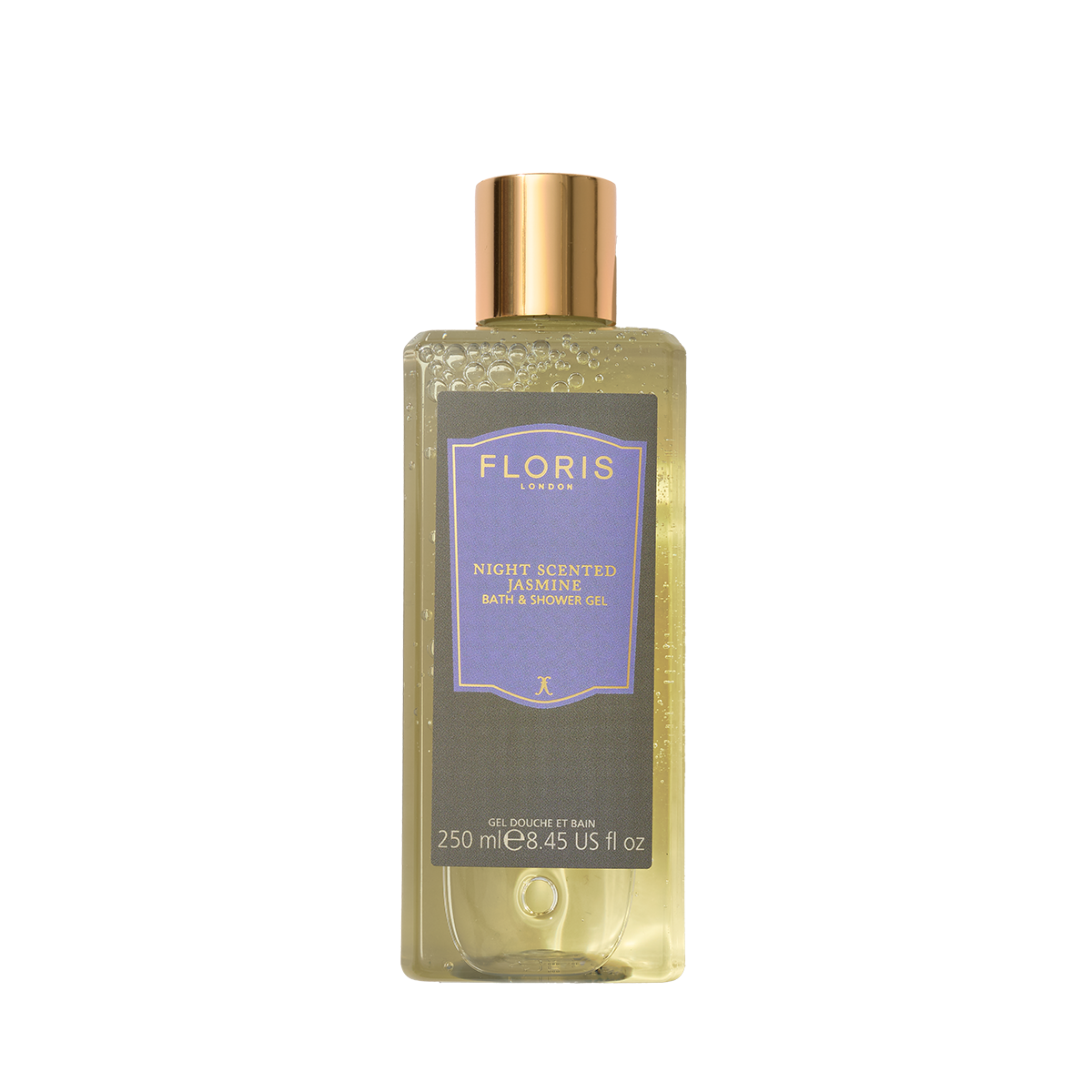 Clear 250ml Floris London Night Scented Jasmine bath & shower gel with a floral heart, sandalwood base notes, gold cap, and purple label.