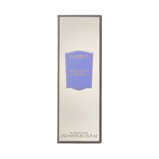 Floris London Night Scented Jasmine Bath & Shower Gel 250ml, a mild, floral foaming cleanser in a cream box with purple label—for jasmine scent lovers.