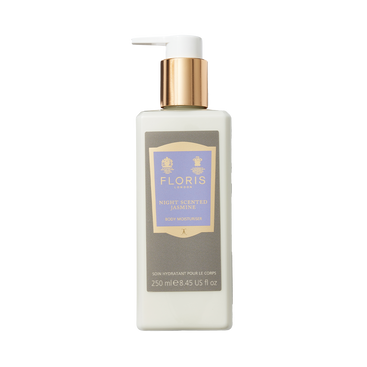 A 250ml bottle of Floris London Night Scented Jasmine Enriched Body Moisturiser with anti-ageing vitamin E, gold pump, and label.