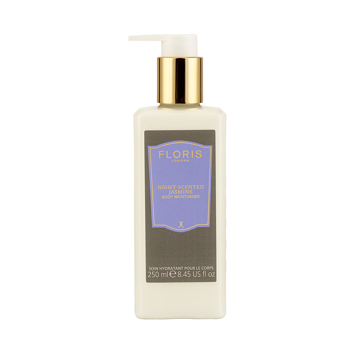 A bottle of Floris London Night Scented Jasmine Enriched Body Moisturiser with anti-ageing vitamin E, gold pump, and a purple label.