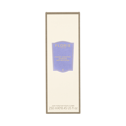 A 250 ml Floris London Night Scented Jasmine - Enriched Body Moisturiser with a lilac label, offering luxurious jasmine-infused hydration.