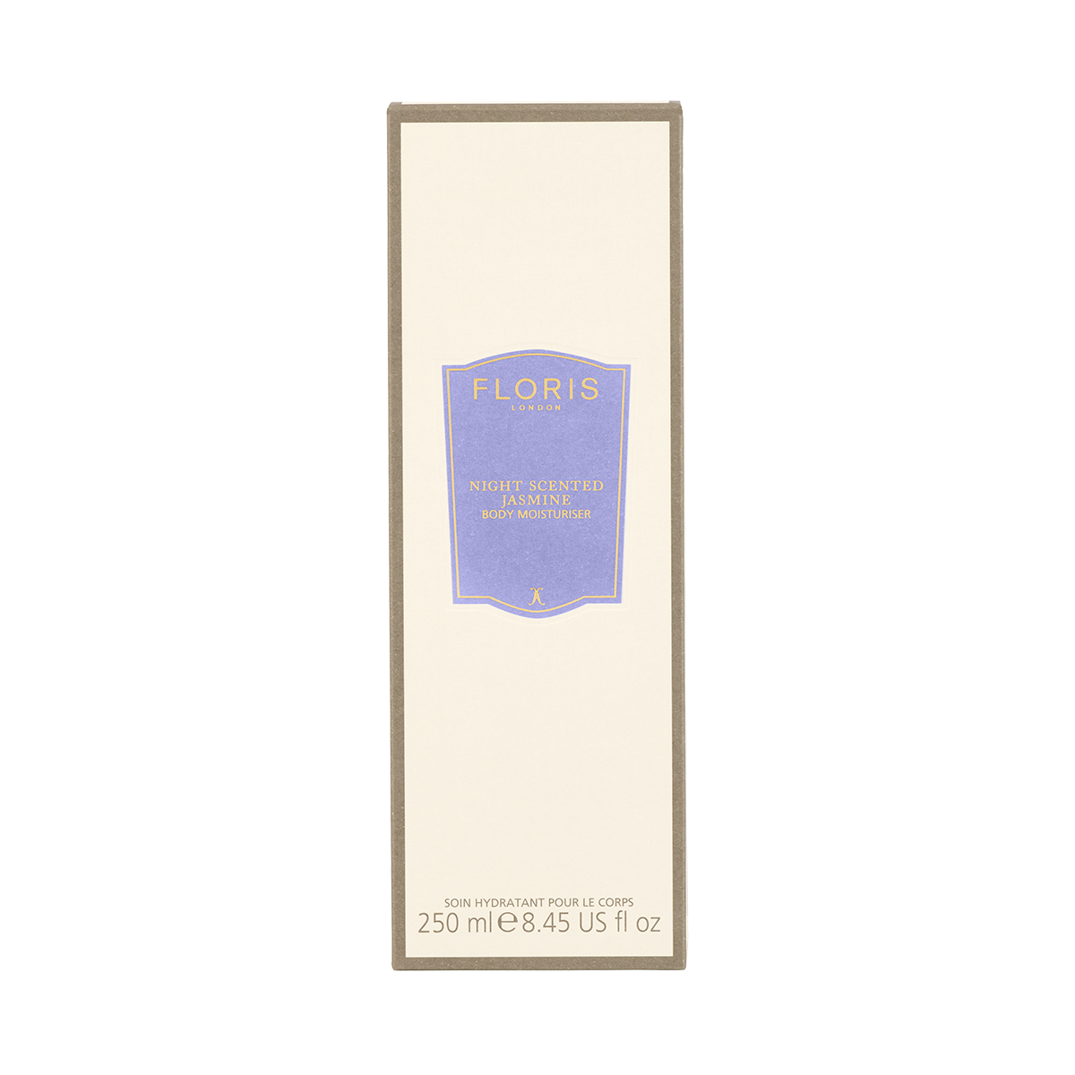 A 250ml box of Floris London Night Scented Jasmine - Enriched Body Moisturiser with anti-ageing vitamin E and a purple front label.