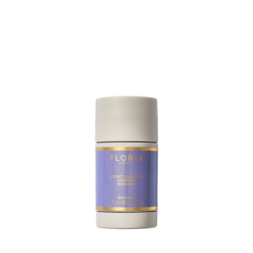 Floris London Night Scented Jasmine Deodorant Stick is antibacterial, ideal for sensitive skin, and features a light purple and gold label.