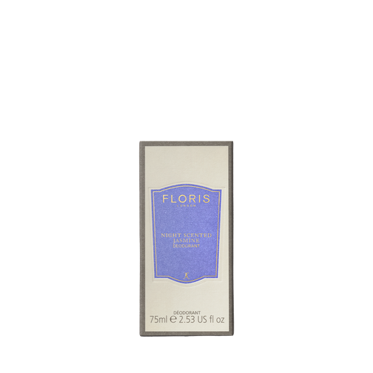 Floris London Night Scented Jasmine Deodorant Stick, 75ml, beige and purple box, aluminium-free and ideal for sensitive skin.