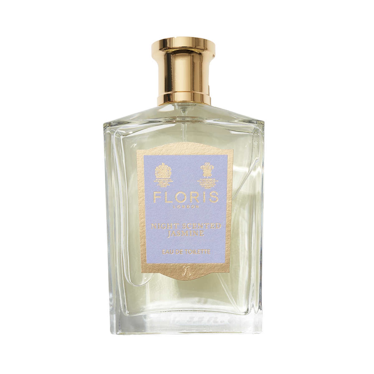 A clear glass bottle of Floris London Night Scented Jasmine Eau de Toilette, featuring notes of white jasmine and neroli blossom, topped with a gold cap.