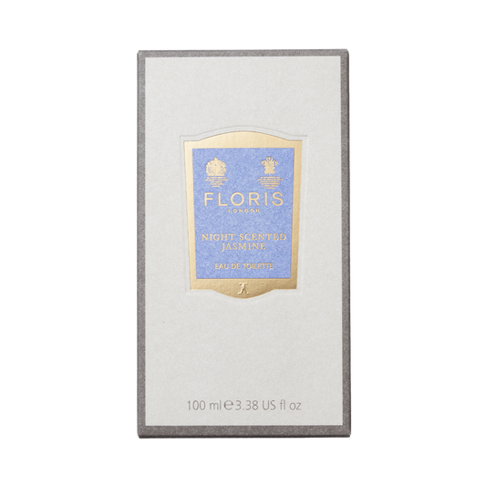 Floris London Night Scented Jasmine Eau de Toilette, 100 ml, features a blue and gold label and evokes white jasmine with a hint of neroli blossom.
