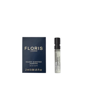 A Floris London Night Scented Jasmine Eau de Toilette sample with navy box and spray vial, featuring white jasmine notes for a captivating scent.