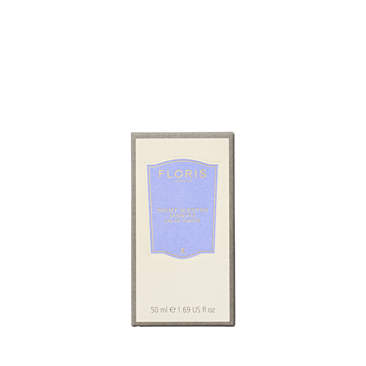 Cream box with blue label for Floris London's Night Scented Jasmine Eau de Toilette, 50 ml, capturing the essence of white jasmine under candlelit lanterns.