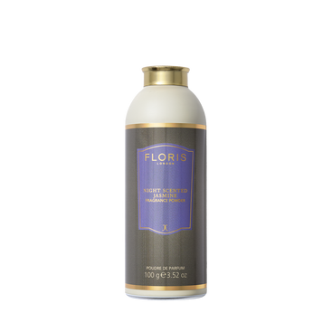 Floris London’s Night Scented Jasmine Fragrance Powder, 100g, features soothing aloe vera and comes in an elegant gold and purple label.