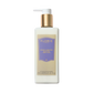 A bottle of Floris London Night Scented Jasmine Luxury Hand Lotion with a gold pump, purple label, vitamin E, and nourishing sweet almond oil.