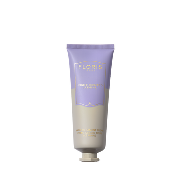 A tube of Floris London Night Scented Jasmine Hand Treatment Cream for dry hands, shown on a white background.