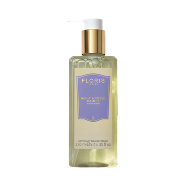 A 250ml clear pump bottle of Floris London Night Scented Jasmine Luxury Hand Wash with a gold cap, enriched with coconut and olive extracts.