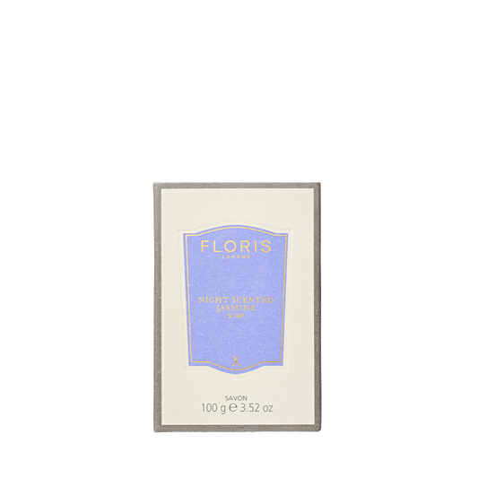 Floris London Night Scented Jasmine Luxury Soap, 100g, features a pale purple and cream label and a delicate floral fragrance.