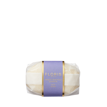 Floris London Night Scented Jasmine - Luxury Soap features a delicate floral scent and comes wrapped with an elegant purple and gold label.