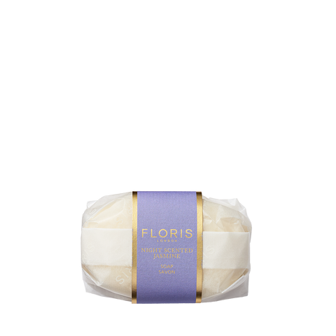 Floris London Night Scented Jasmine - Luxury Soap features a delicate floral scent and comes wrapped with an elegant purple and gold label.