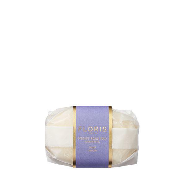 Floris London Night Scented Jasmine - Luxury Soap: a wrapped bar with purple and gold label, made with gentle vegetable base and shea butter.