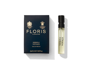 Floris London Neroli Voyage Eau de Parfum, featuring a citrus burst, presented in a box with a small spray bottle on a white background.