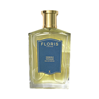 Floris London Neroli Voyage - Eau de Parfum: a neroli and marine scent with a gold cap and blue label.