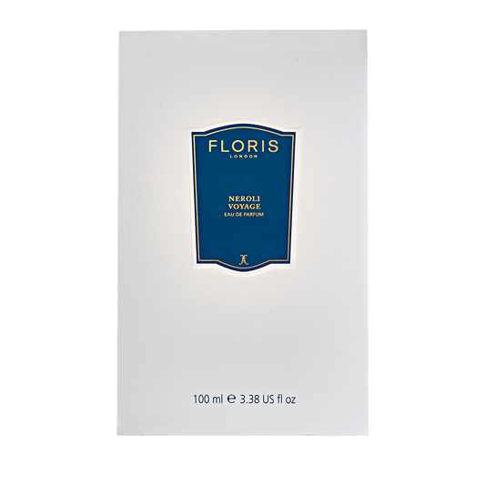 A white box with a blue label reads “Neroli Voyage - Eau de Parfum, Floris London, 100 ml”—a neroli scent with fresh citrus and marine notes.