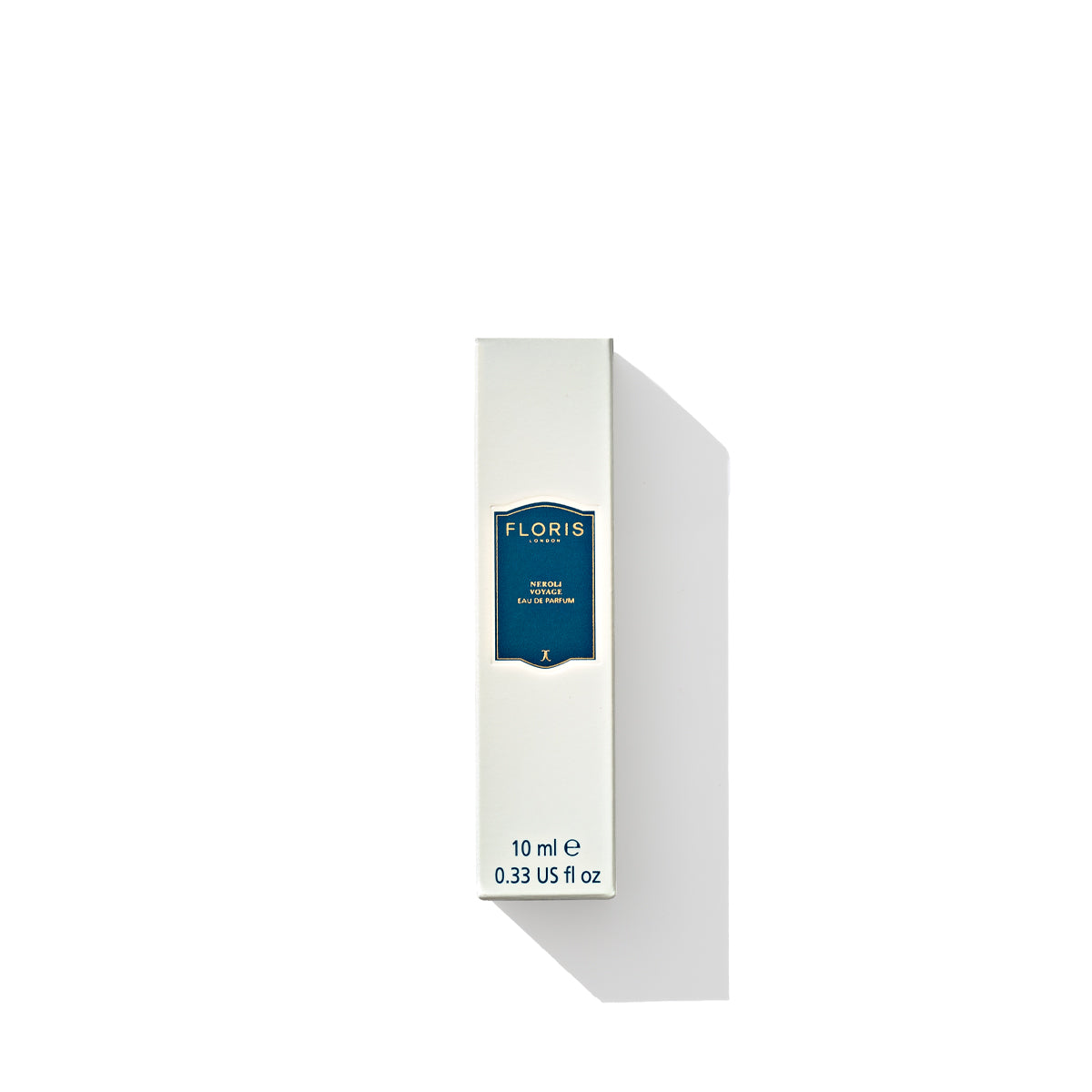 White rectangular box with a blue label containing Neroli Voyage - Eau de Parfum by Floris London, a captivating citrus marine fragrance with subtle notes of Neroli. Text reads "10 ml (0.33 US fl oz).