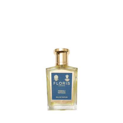 A Floris London Neroli Voyage Eau de Parfum bottle with a gold cap and blue label, featuring citrus and subtle marine notes, on a white background.