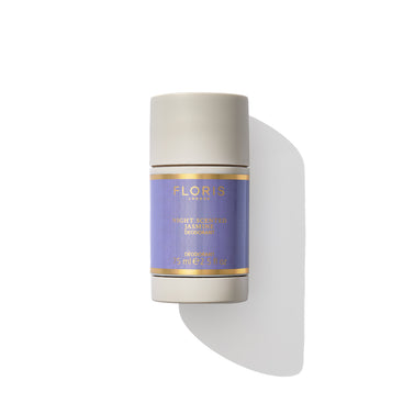 Floris London Night Scented Jasmine Deodorant Stick, 75 ml, with purple and gold label, viewed from the front on a white background. This alcohol and aluminium-free formula is perfect for sensitive skin.