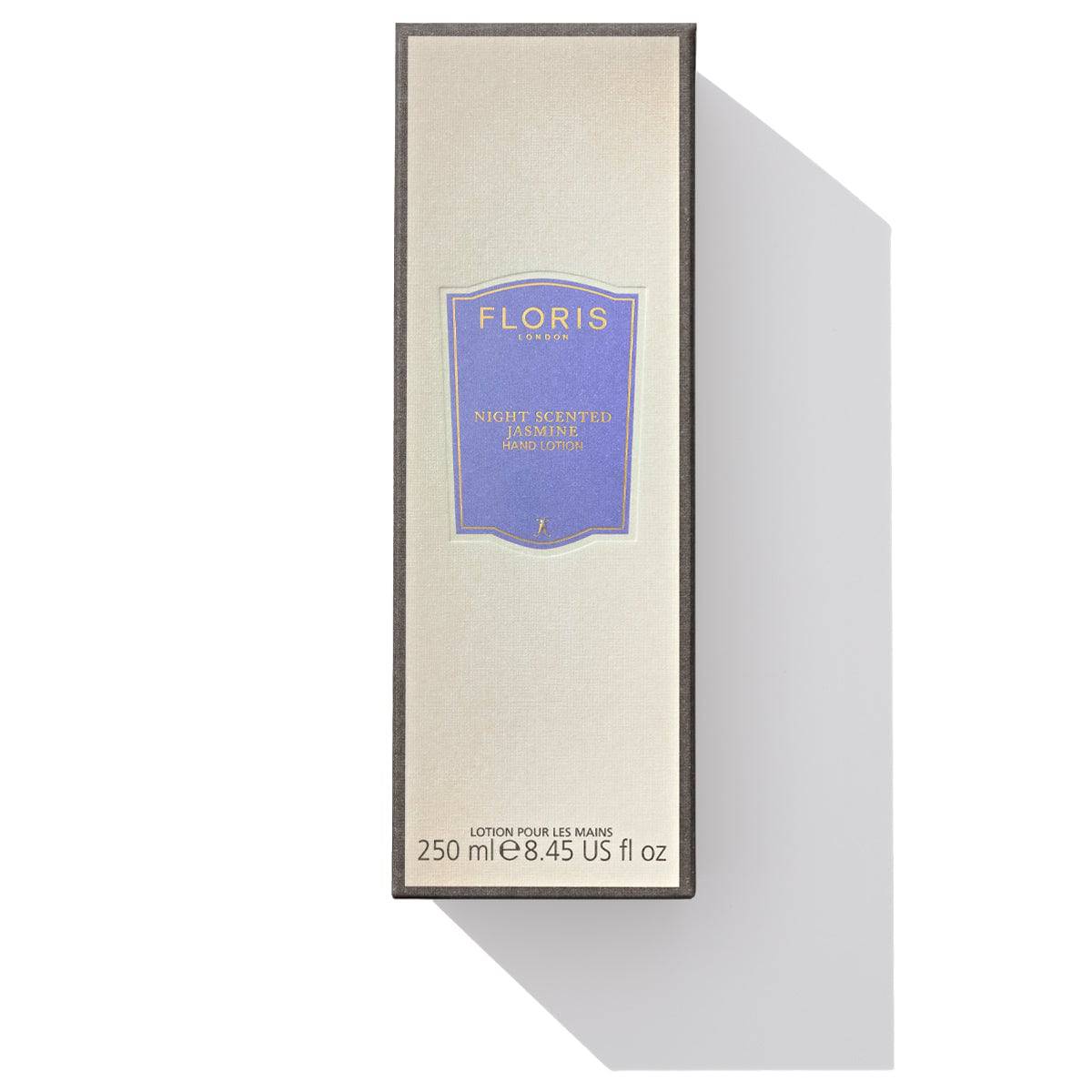 A box of Floris London Night Scented Jasmine - Luxury Hand Lotion, 250 ml (8.45 fl oz), featuring a blue label with a shadow on the right, enriched with sweet almond oil to soothe dry skin.