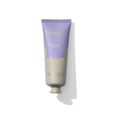 A tube of Floris London Night Scented Jasmine Hand Treatment Cream, ideal for very dry hands, sporting an elegant purple and beige design.