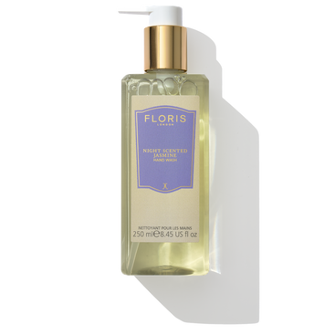 A bottle of Floris London Night Scented Jasmine - Hand Wash comes with a convenient pump dispenser, delivering a gentle hand washing experience with its 250 ml (8.45 fl oz) floral green scent.