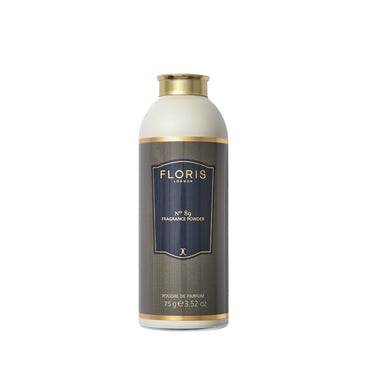 A 75g bottle of Floris London No. 89 Fragrance Powder with a gold cap and dark label, enriched with soothing aloe vera.
