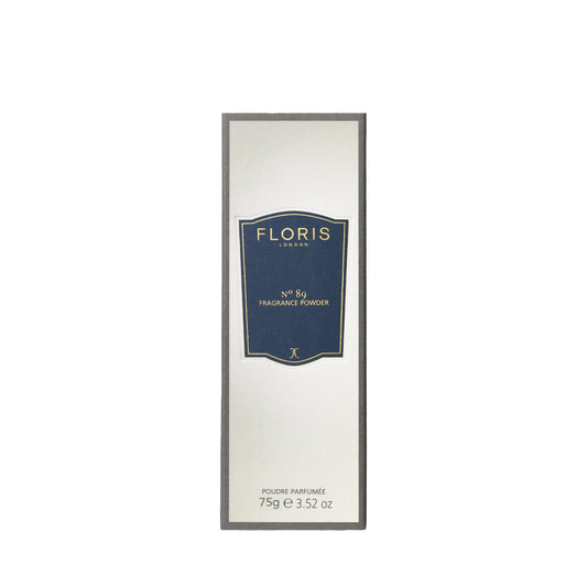 Floris London No. 89 Fragrance Powder, 75g, with soothing aloe vera in a classic navy and silver box.