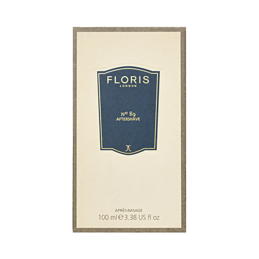 Floris London's No. 89 Aftershave, 100ml, features beige packaging with a navy label and the timeless scent of an English gentleman's cologne.
