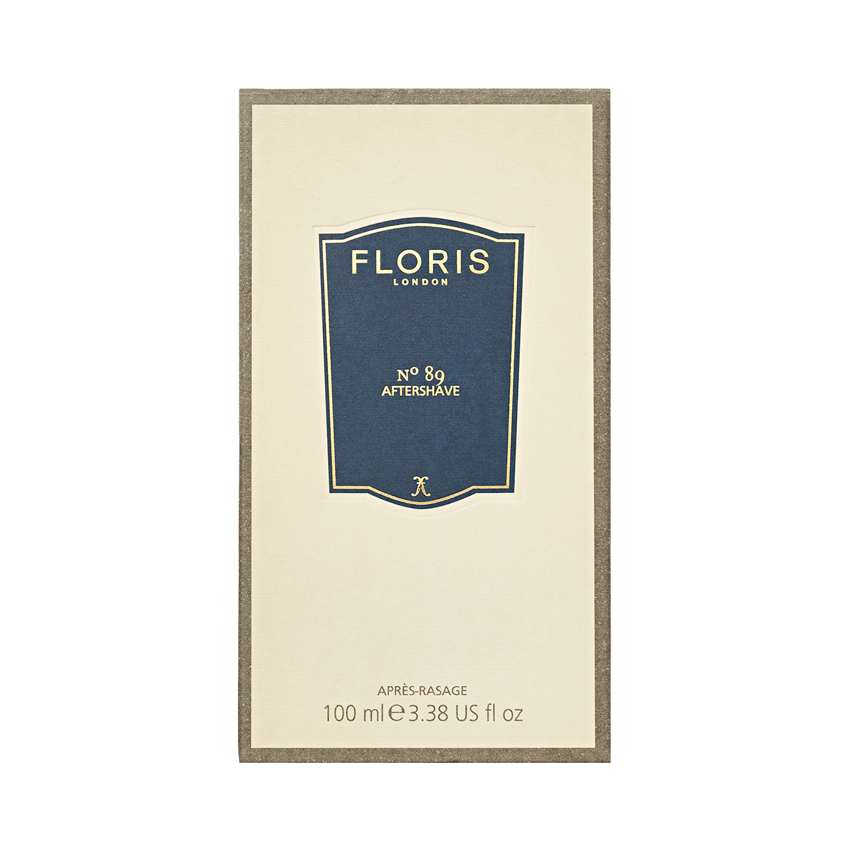 Rectangular bottle of Floris London No. 89 aftershave with a dark blue label and white text.