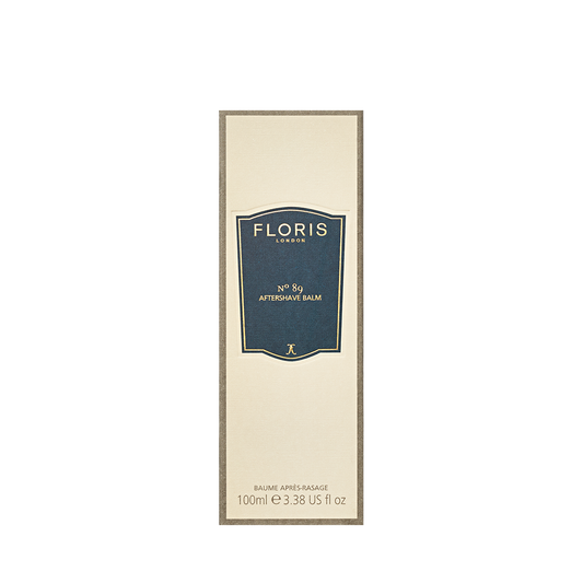 Floris London's No. 89 hydrating aftershave balm in a beige box with a blue label, a classic English gentleman's fragrance, 100ml size.