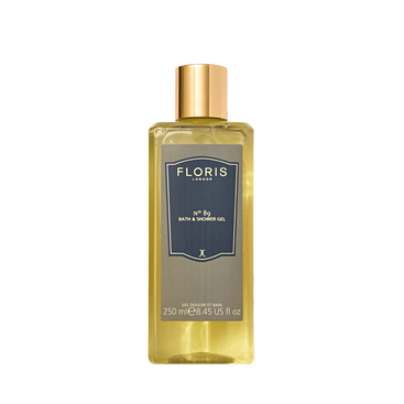 A 250ml bottle of Floris London No. 89 Bath & Shower Gel—a refined English fragrance with a subtle hint of sandalwood.