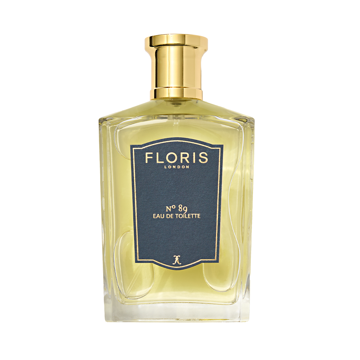 Clear glass bottle of Floris London No. 89 Eau de Toilette, featuring a gold cap and navy blue label—an iconic English fragrance for gentlemen.