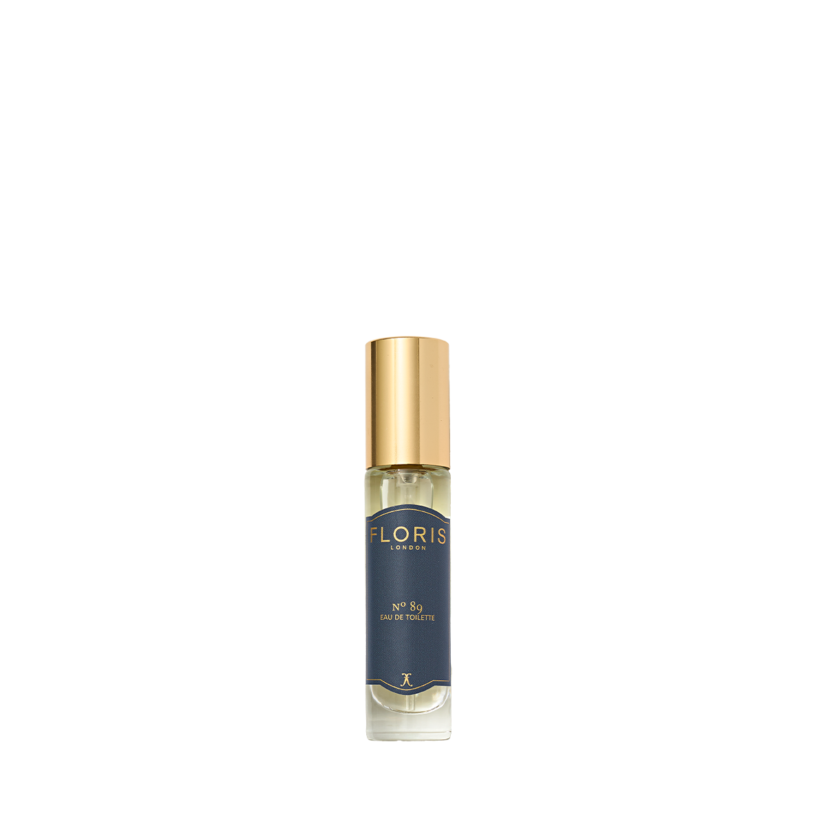 A small glass perfume bottle with a gold cap and a navy label reading "No. 89 - Eau de Toilette" by Floris London, a signature English scent.