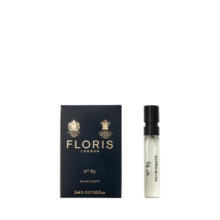 A Floris London No. 89 - Eau de Toilette sample vial beside its stylish box—a classic men's scent in signature Floris packaging.