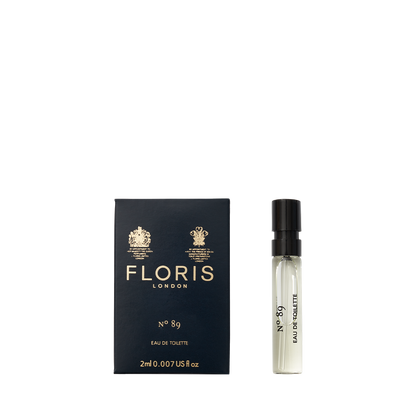 A Floris London No. 89 - Eau de Toilette sample vial beside its stylish box—a classic men's scent in signature Floris packaging.