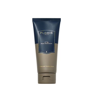 Floris London No. 89 Facial Moisturiser, with the signature No. 89 scent and borage oil, comes in a tube with a dark blue and taupe design.